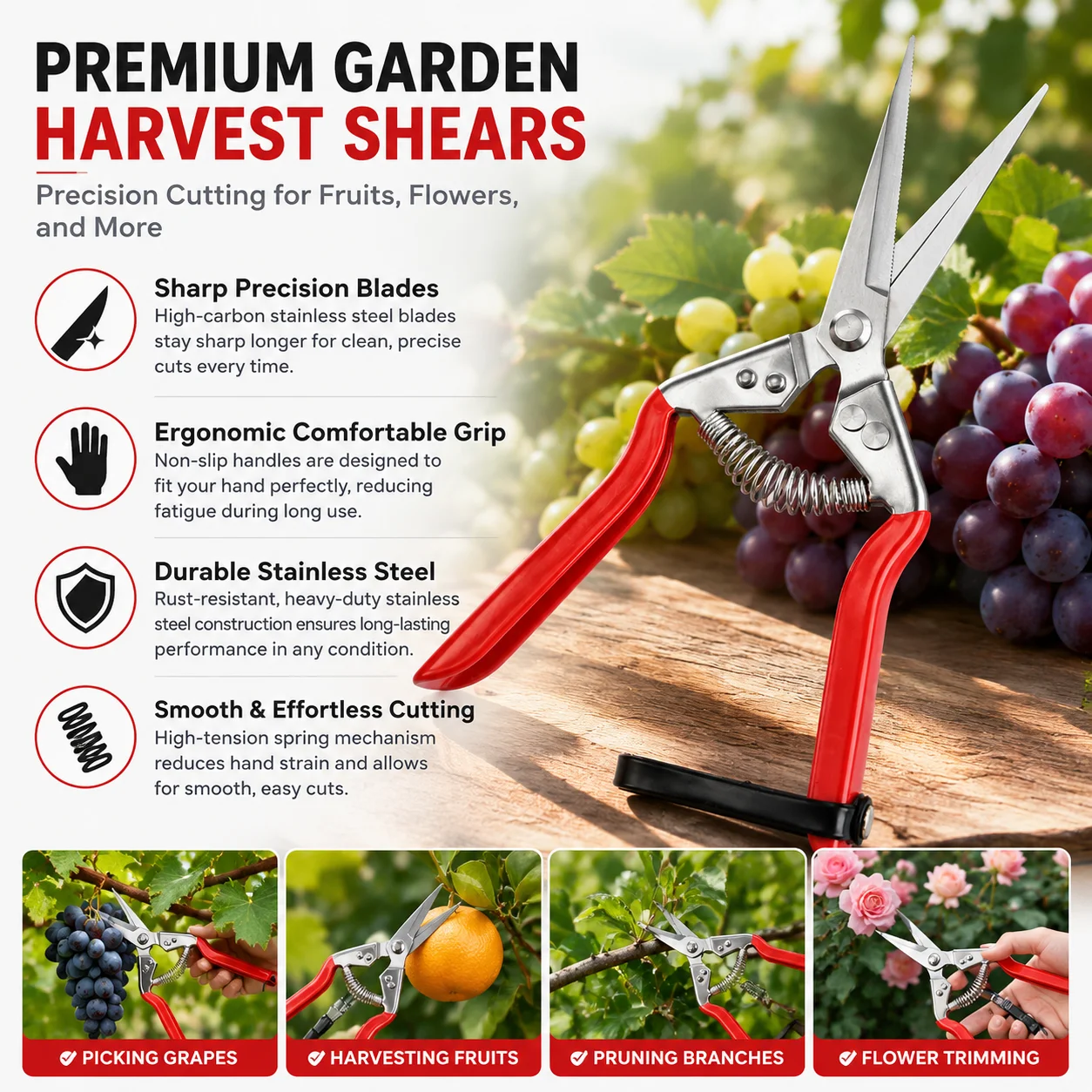Stainless Steel Garden Pruning Shears Fruit Picking Scissors Grape Harvest Clippers Flower Trimming Grafting Tool for Orchard Pl