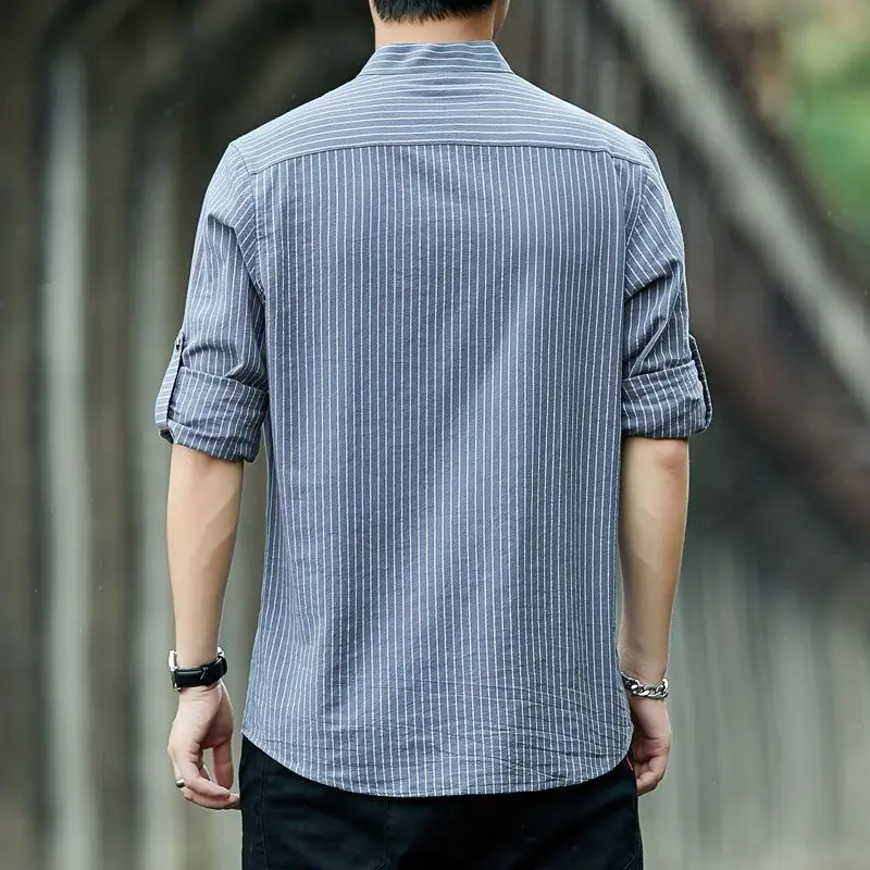 Camisa de manga larga con cuello levantado para hombre, jerséis de algodón a rayas, holgados, informales, de calle alta, Y2K, primavera y otoño, novedad de 2023