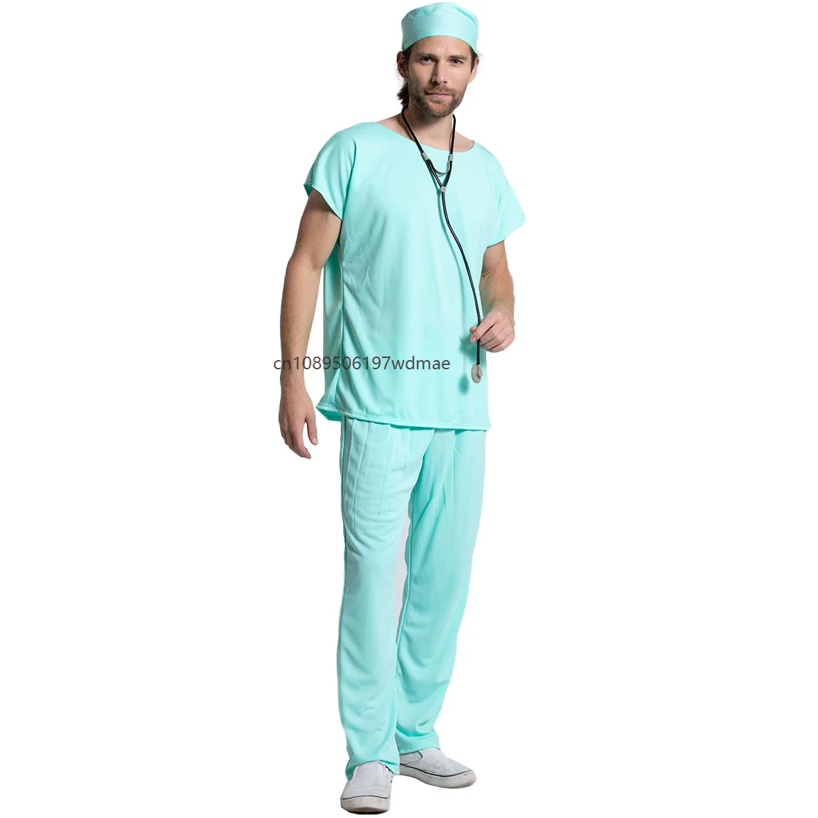 Adult Men Surgeon Doctor Scrub Costume Mint Green Short Sleeve Top Pants with Cap Masquerade Fancy Dress Medical Cosplay Outfit view 5