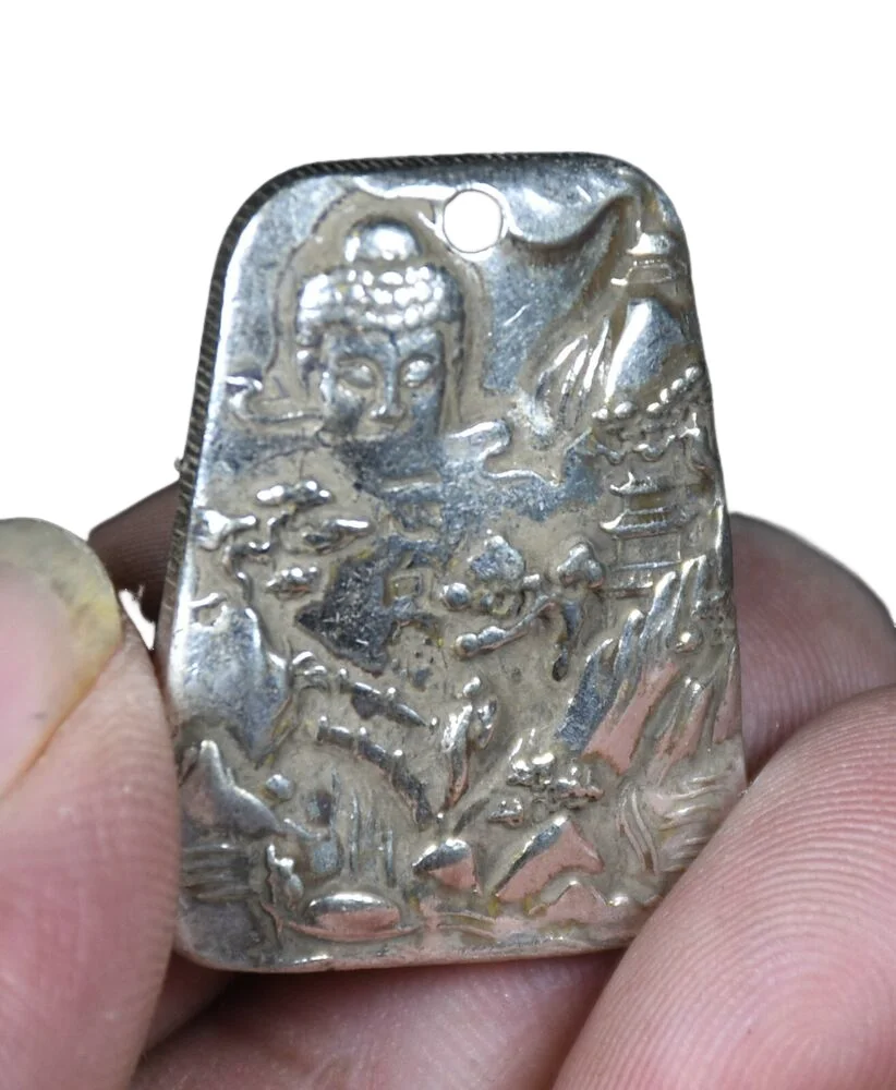 3CM Old Chinese Miao Silver Feng Shui Sakyamuni Ksitigarbha Amulet Pendant