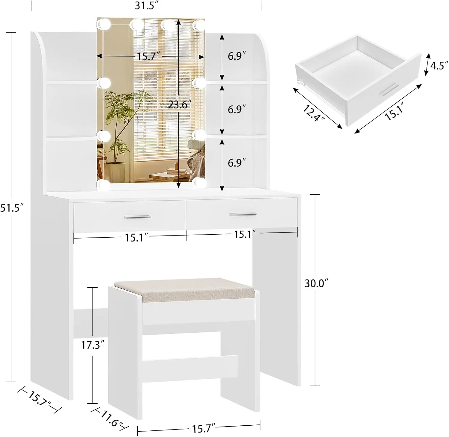 Vanity Desk with Mirror & Lights,2 Large Drawers, 6 Storage Shelves & Stool, 3 Color Light Adjustable