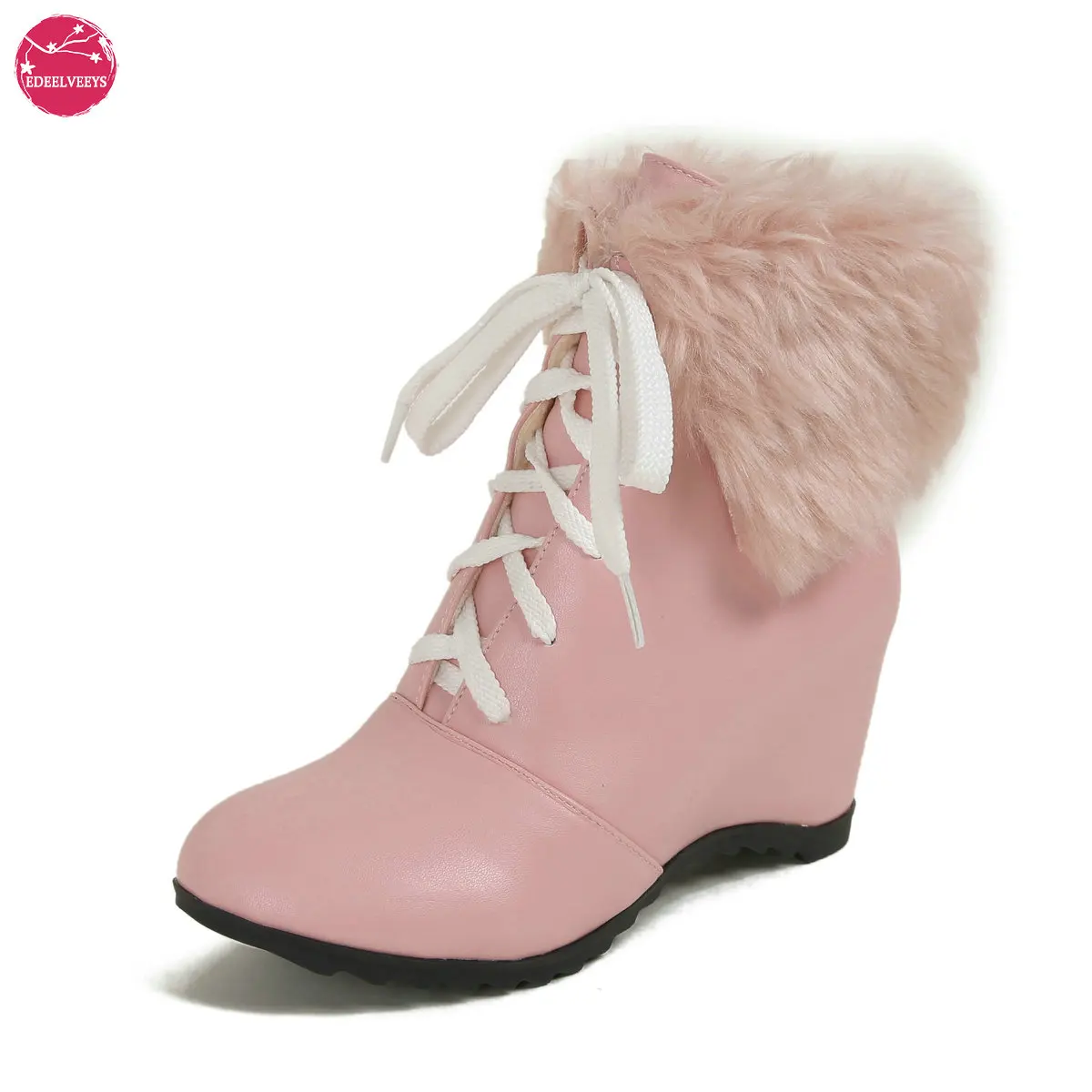 Women's Sweet Pink Lolita Winter Boots with Inner Height Increase Outdoor Party Fashion Lace Up Plush Lined Warm Ankle Booties