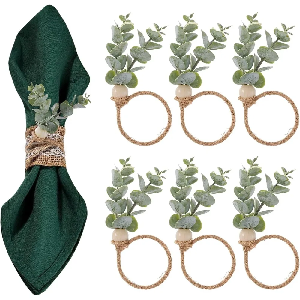 

6 шт. кольца для салфеток в деревенском стиле, кольца для салфеток с зелеными листьями в стиле бохо, деревянные кольца для салфеток с эвкалиптовыми бусинами, держатель для салфеток на весну и осень