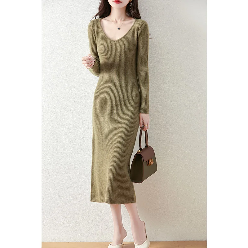 100% merino wool women's knitted dress, casual, fashionable, V-neck, long, popular, new autumn and winter 2024