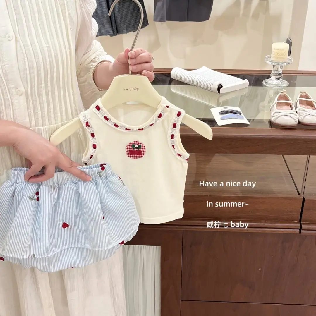 Girls' suit Summer baby girl sling vest shorts cute cherry foreign style bud skirt princess children's two-piece set