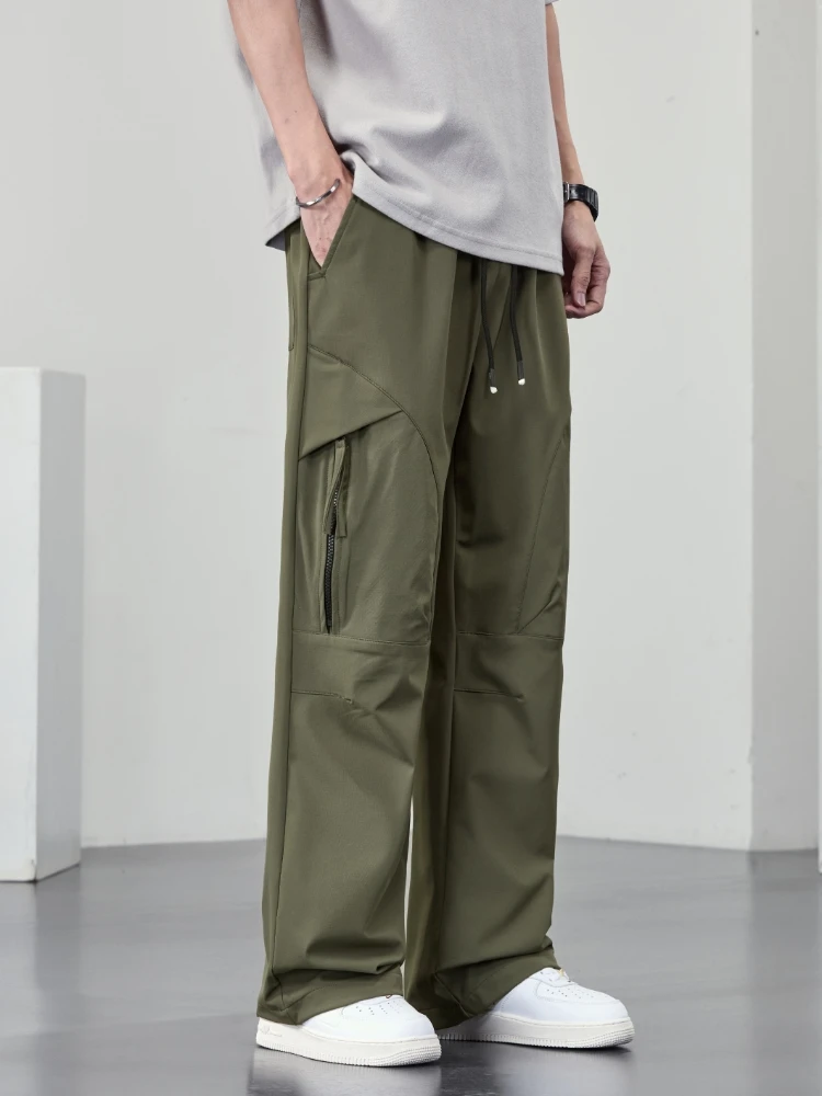 Calça cargo masculina de secagem rápida com bolsos zip tamanho grande 8xl 7xl 6xl verão gelo seda resfriamento moletom solto ajuste calças retas