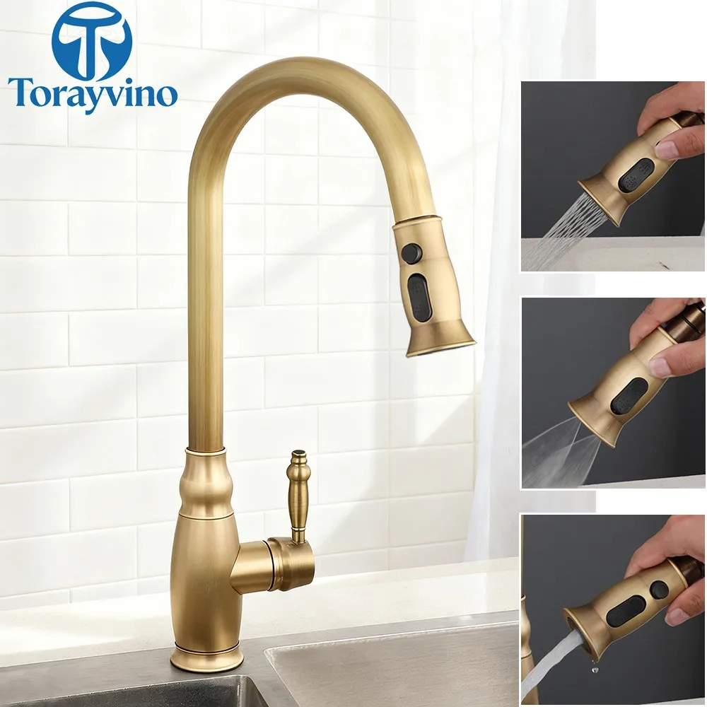 

Кухонный смеситель Torayvino из античной латуни с выдвижным распылителем, 3 функции, однорычажный, поворотный на 360° ° Поворотные коммерческие смесители для раковин