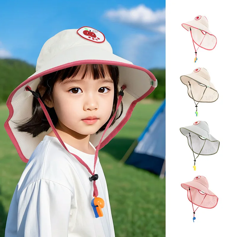 

2-7Y Summer Casual Kids Sun Hat Cute Apple Pattern Wide Brim Hat Adjustable Chin Strap UV Protection Hat for Girls Outdoor