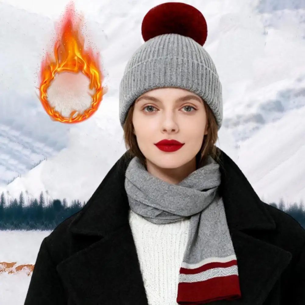 Elastic Knit Hat Scarf Gloves Women's Winter Accessories Set Plush Ball Decor Hat Knitted Long Scarf Touch Screen for Cold