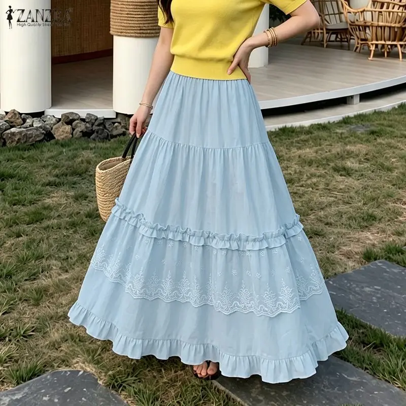 ZANZEA Summer Lace Patchwork Skirt Women Casual A-line Holiday Faldas Saia Jupe Elastic Waist Long Skirts Elegant Loose Sundress