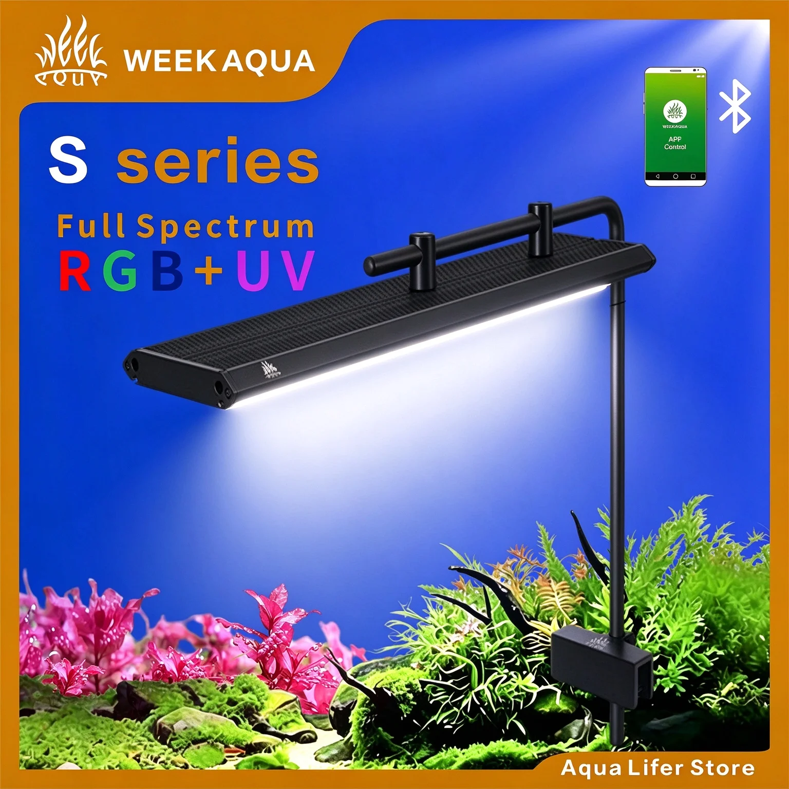 WEEK AQUA S Series RGB-UV Full Spectrum Clip On Aquarium Light, APP Dimmable Timer Lamp for Nano Aquascape