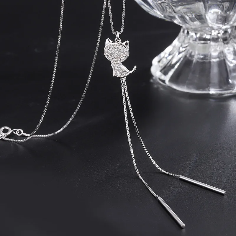 s925Sterling Silver Cat Pendant Necklace Korean Style Fairy Style Tassel Kitten Sweater ChaininsWomen's Cold Necklace