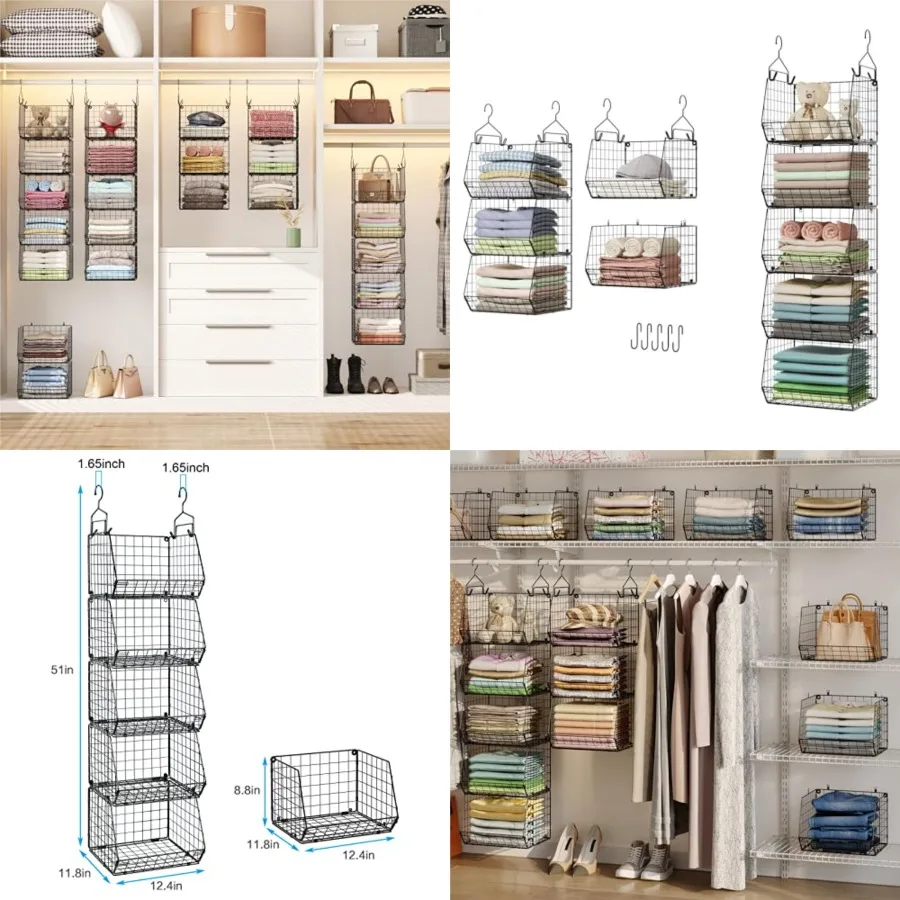 

5 Tier Closet Hanging Organizer, Clothes Hanging Shelves with 4 Hanging Hooks 5 S Hooks, Wire Storage Basket Bins, for Clothing