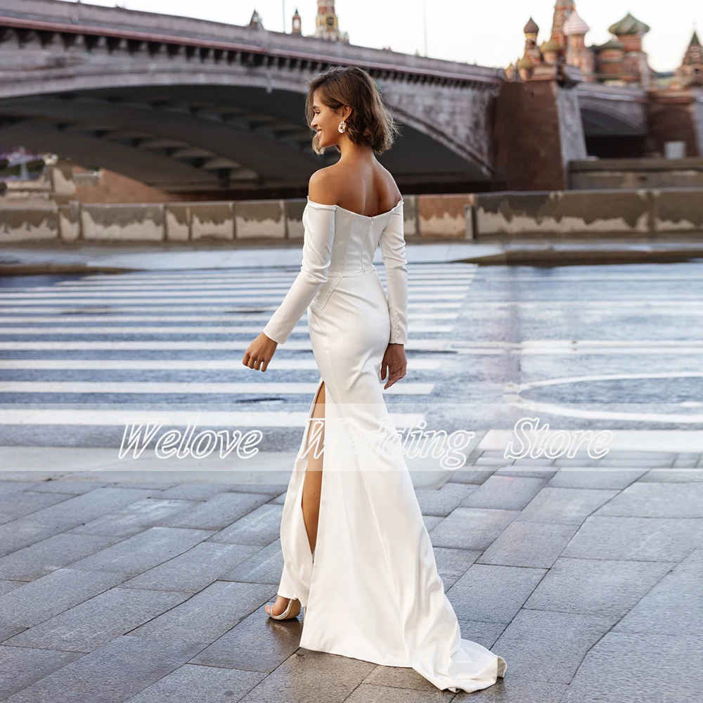 Romantic Beach Civil Wedding Dress For Bride Summer Custom Off Shoulder Long Sleeves Front Slit Sweep Train Bridal Gown Mariage