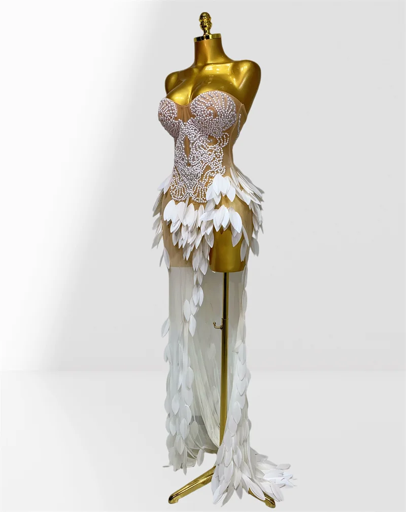 White Acrylic Feathers Mesh Sheer Strapless Long Dress Woman Birthday Party Wedding Party Dress Stage Performance Costume