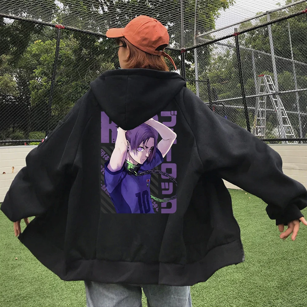 Anime BLUE LOCK Reo Mikage Zipper Hoodies Men Soccer Lovers Poster Graphic Unisex Loose Oversized Streetwear Zipper Jacket Coat