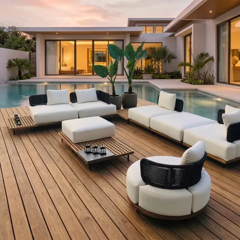 Round PE Rattan Sofa Set Outdoor Waterproof Patio Furniture Combination Garden Lounge Seating for Yard Deck