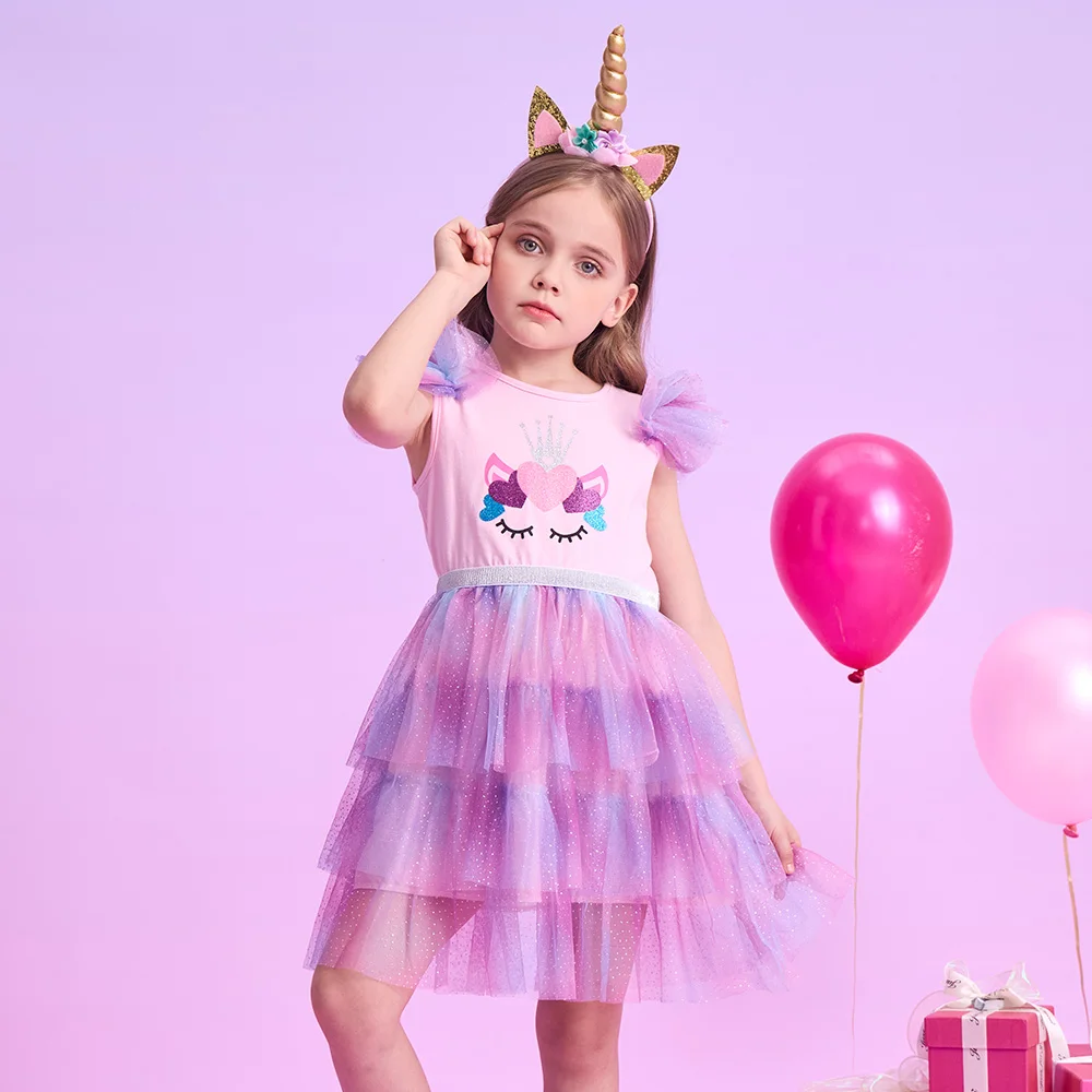 Mädchen Kleinkind Einhorn Kleid Rosa Lila Farbverlauf Glitzer Tüll Krone Herz Design Flauschig Layered Niedlich Party Casual Alltag Kleider – Detail 4