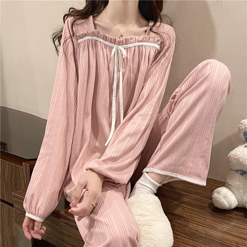 Women\'s Spring and Autumn Pajamas Set Women\'s Long-Sleeved Long Trousers Pajamas Homewear Sweet Leisure Homewear Loose Set