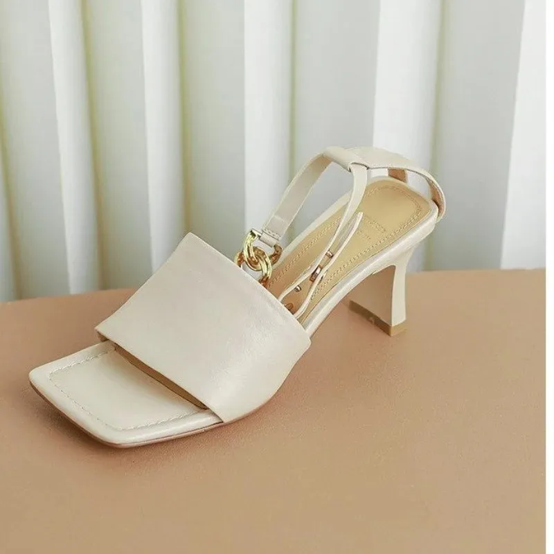Women's Square Toe Block Heel Sandals, Ankle Strap with Gold Chain, Nude Open Toe Mid Heel Dress Shoes for Ladies view 5