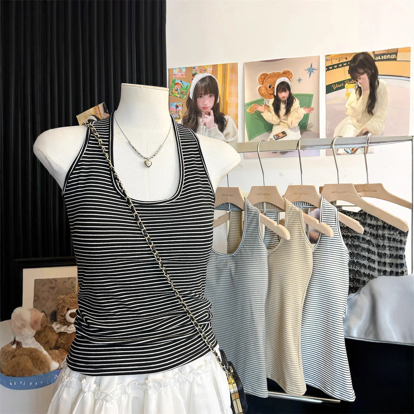 Women's Slimming Knitted Tank Top Neck Hanging Strap Vest Autumn Winter Inner Wear with Chest Pad Versatile Slim Fit Effect