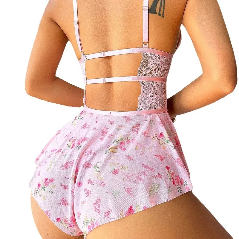 New Printed Backless Perspective Sexy Lingerie Onesie Bow Splicing Lace Sexy Dress  Sexy Costume  Plus Size Lingerie Porno