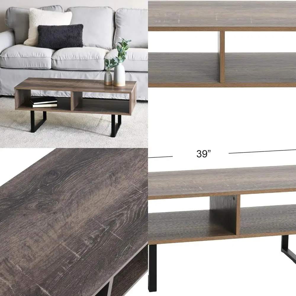 

Rustic Ashwood Grain Coffee Table with Rectangular Storage, Black Metal Accents