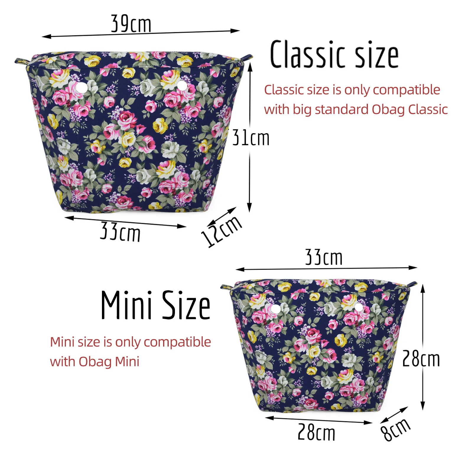 New Colorful Inner Lining Insert Zipper Pocket Organizer for Classic Mini Obag Canvas  Inner Pocket