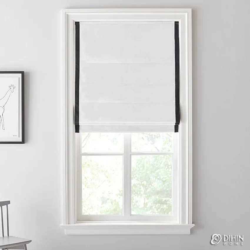 

New Arrival Flat Roman Shades White With Black Trims Window Drapes For Living Room Included Mechanism Cut To Sizes