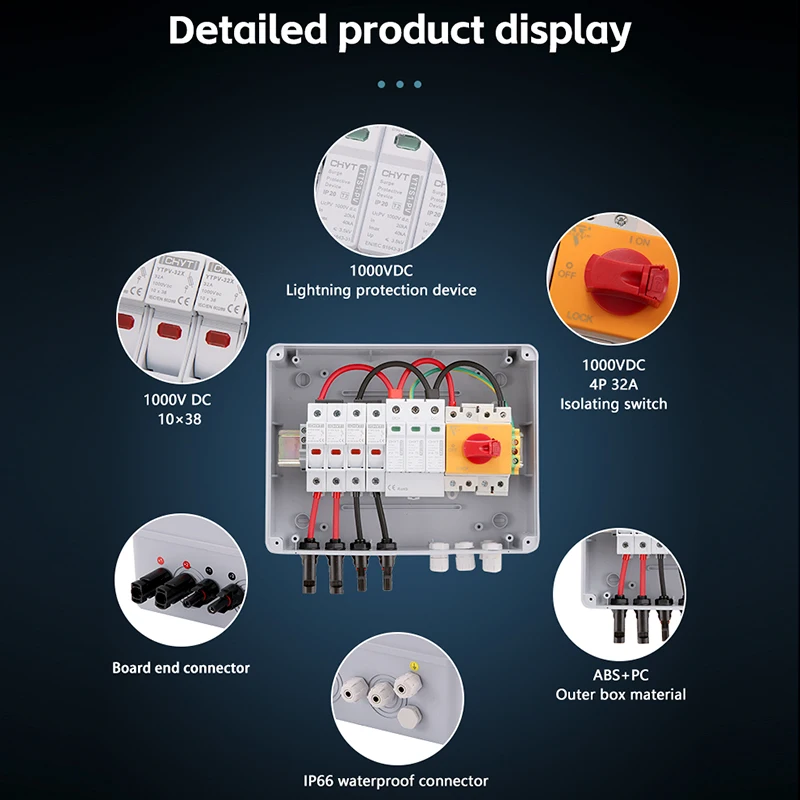 Scatola combinatrice solare fotovoltaica fotovoltaica 2-1-1000V Interruttore di isolamento Stringa IP65 Protezione contro i fulmini da sovratensione solare Impermeabile esterno