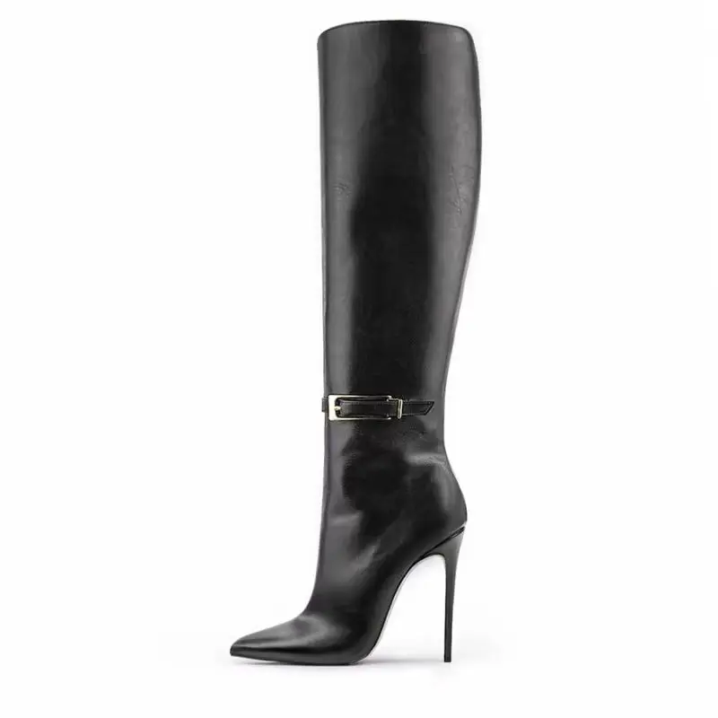 

Arden Furtado Spring Belt buckle Skinny boots Pointed toe Side zipper Super high heel Knee high boots Extra large size boots