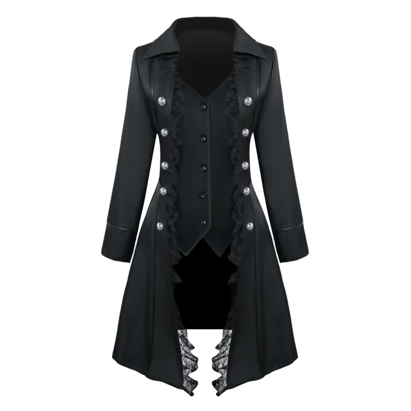 Women Lace Trim Lace-up High Low Coat Medieval Steampunk Victorian Style Gothic Jacket Noble Court Retro Dress Halloween Costume