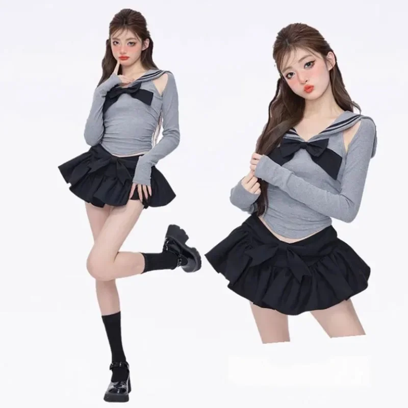 Bow Grey Fluffy Skirt Sweet Cute Women Slim Low-waisted Ruffled Edge Preppy Style Korean Fashion Pure Desire Summer DropShipping