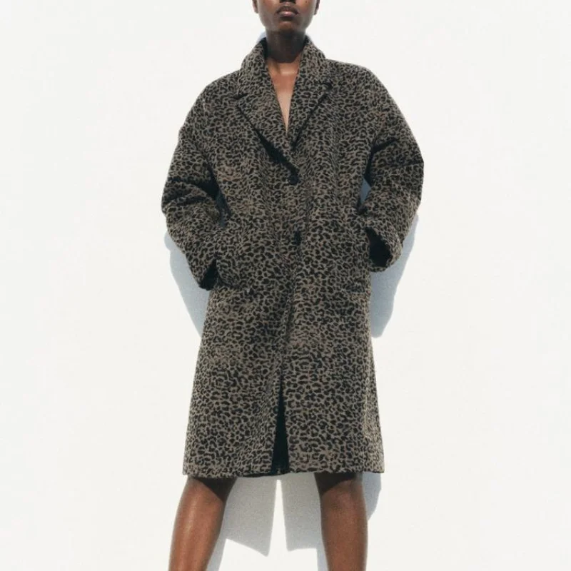 

European and American style fashionable all-match leopard print temperament commuter lapel mid-length coat