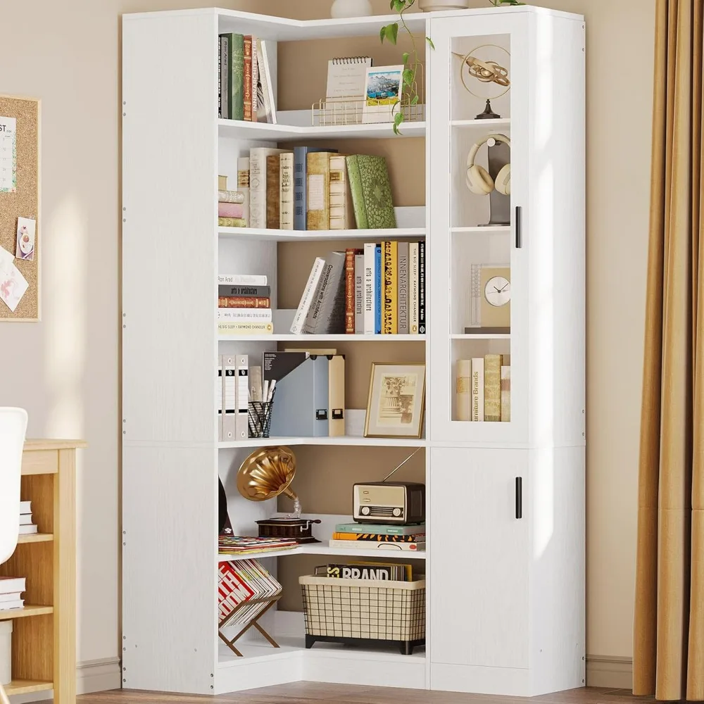 Corner Bookshelf, 6-Tier Bookshelf with Doors and Storage, L Shaped Corner Bookshelf for Bedroom, Living Room