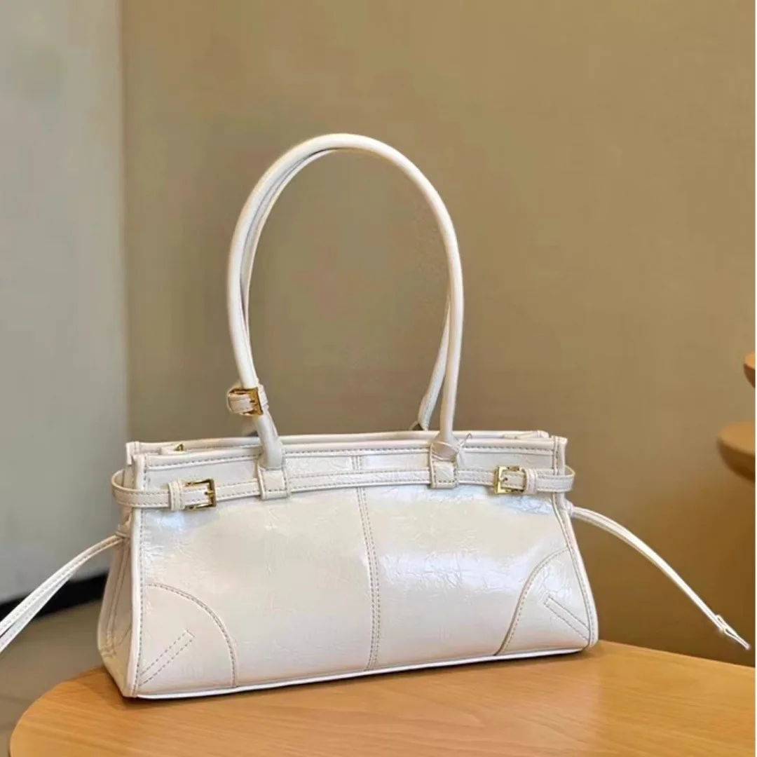 2024 New Soft lux Boston Baguette Retro Biker Style Head Layer Oil Waxed Leather Women\'s Bag Crossbody Shoulder Bag for women
