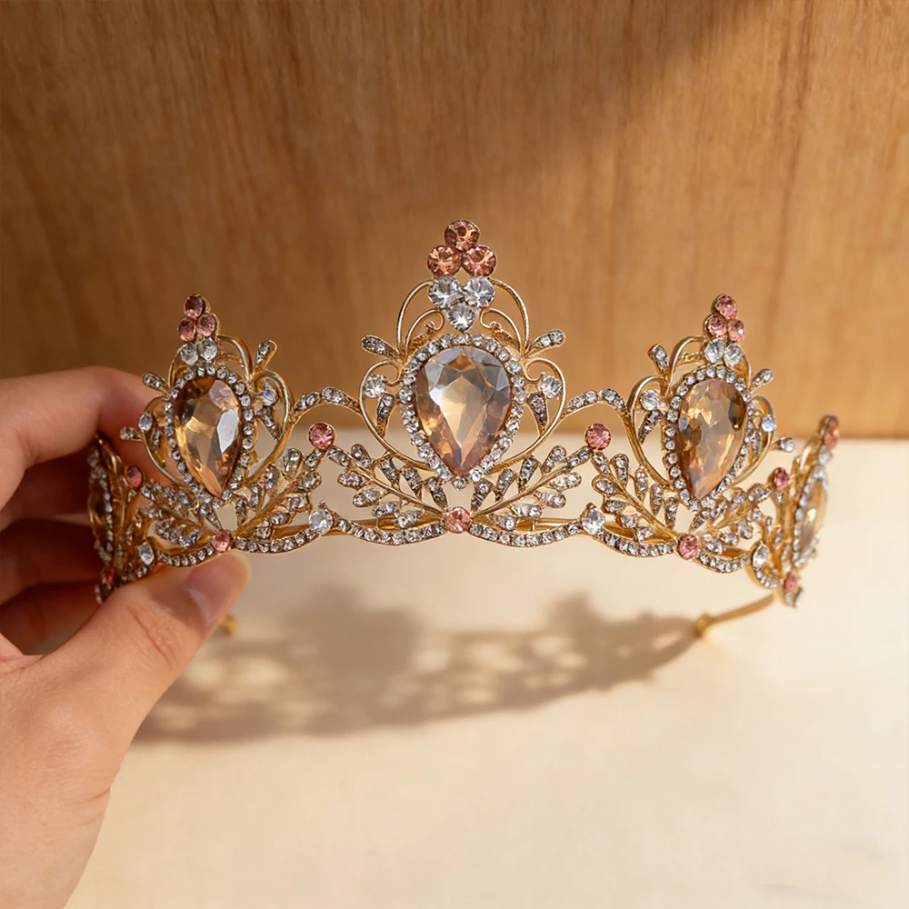 Luxurious Branches Leaves Water Droplets Diamond Crown Gilded Fully Inlaid Imitation Crystal Hair Crown Palace Style Banquet view 4