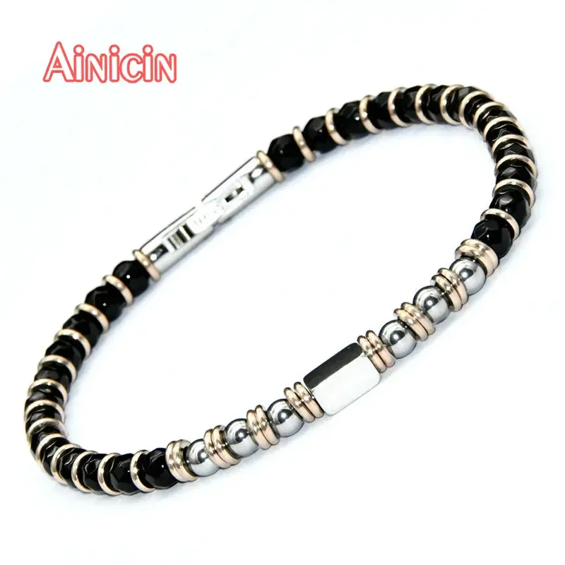 High Quality Black Faceted Agate Round Beads Stainless Steel Bracelet For Fashion Men\'s Jewelry