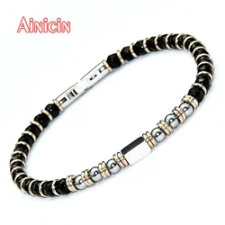 High Quality Black Faceted Agate Round Beads Stainless Steel Bracelet For Fashion Men's Jewelry