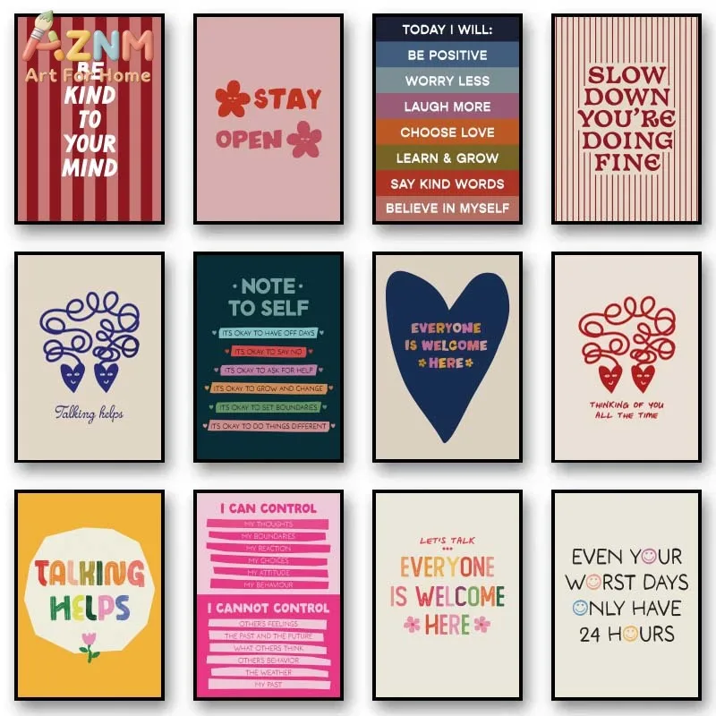 AZNM Positive Mental Health Quotes Canvas Wall Art, Colorful Affirmation Print, Therapy Office Decor