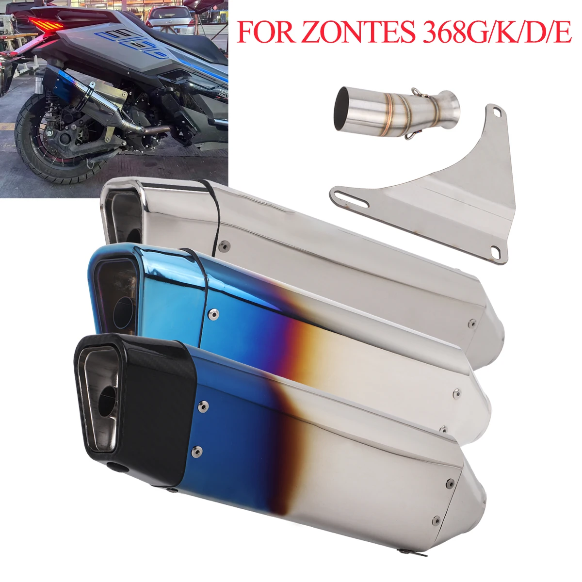 Motorcycle Exhaust Slip On Middle Link Pipe For ZONTES 368 368G 368E 368D 368K 368M Modify Escape 368G Exhaust with Plate