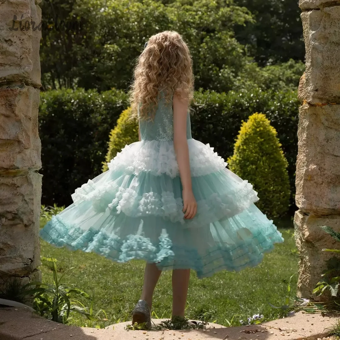 Abito da cerimonia a strati per bambina, personalizzato con pizzo, stile foresta, in tulle, da principessa, per damigella d'onore, abito da festa di matrimonio