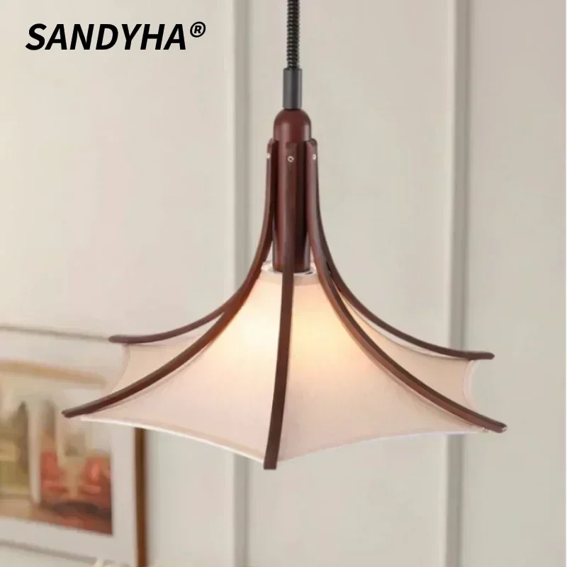 SANDYHA Retro Vintage Solid Wood Fabric LED Chandelier Hanging Lamp Living Room Dining Table Pendant Light Home Decoration