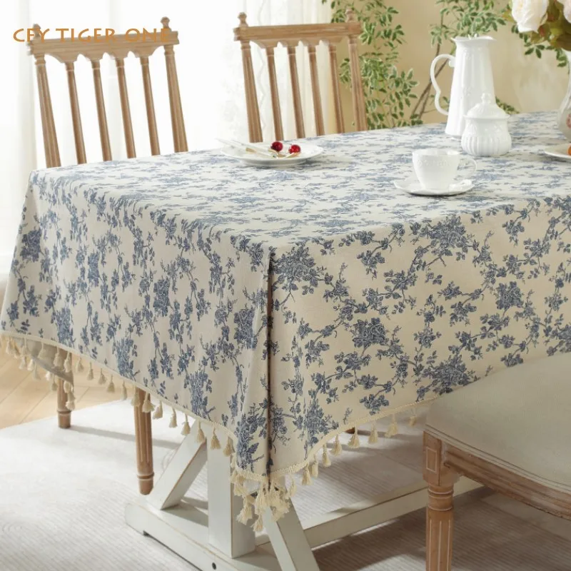 

American Cotton Linen Blue Floral Picnic Cloth Rectangular Tablecloth Washable and Oil Resistant Coffee Table Mat Table Cover
