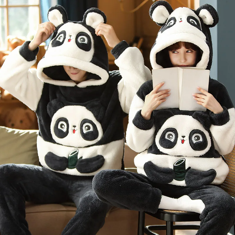 Winter Couples Pajama Sets Women Men Pyjamas Hoodies Sleepwear Thicken Soft Warm Cartoon Cat Lovely Lovers Pijamas Suit