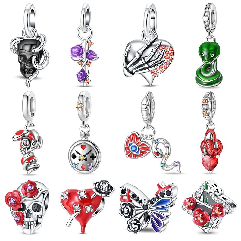 Novo 925 prata esterlina moda crânio escuro rosa borboleta amor coração encantos contas para marca pulseira original diy jóias presente