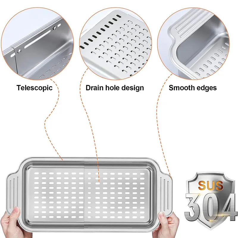 Over The Sink Colander Expandable Stainless Steel Strainer Basket Dish Drying Rack for Kitchen Sink Rinse Pasta Veggies Fruits