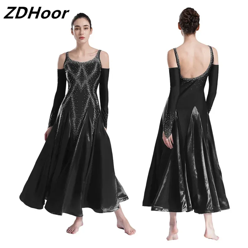 

Womens Ballroom Dress V Neck Backless Cold Shoulder Wide Hemline Glittery Rhinestones Flared Dance Dress