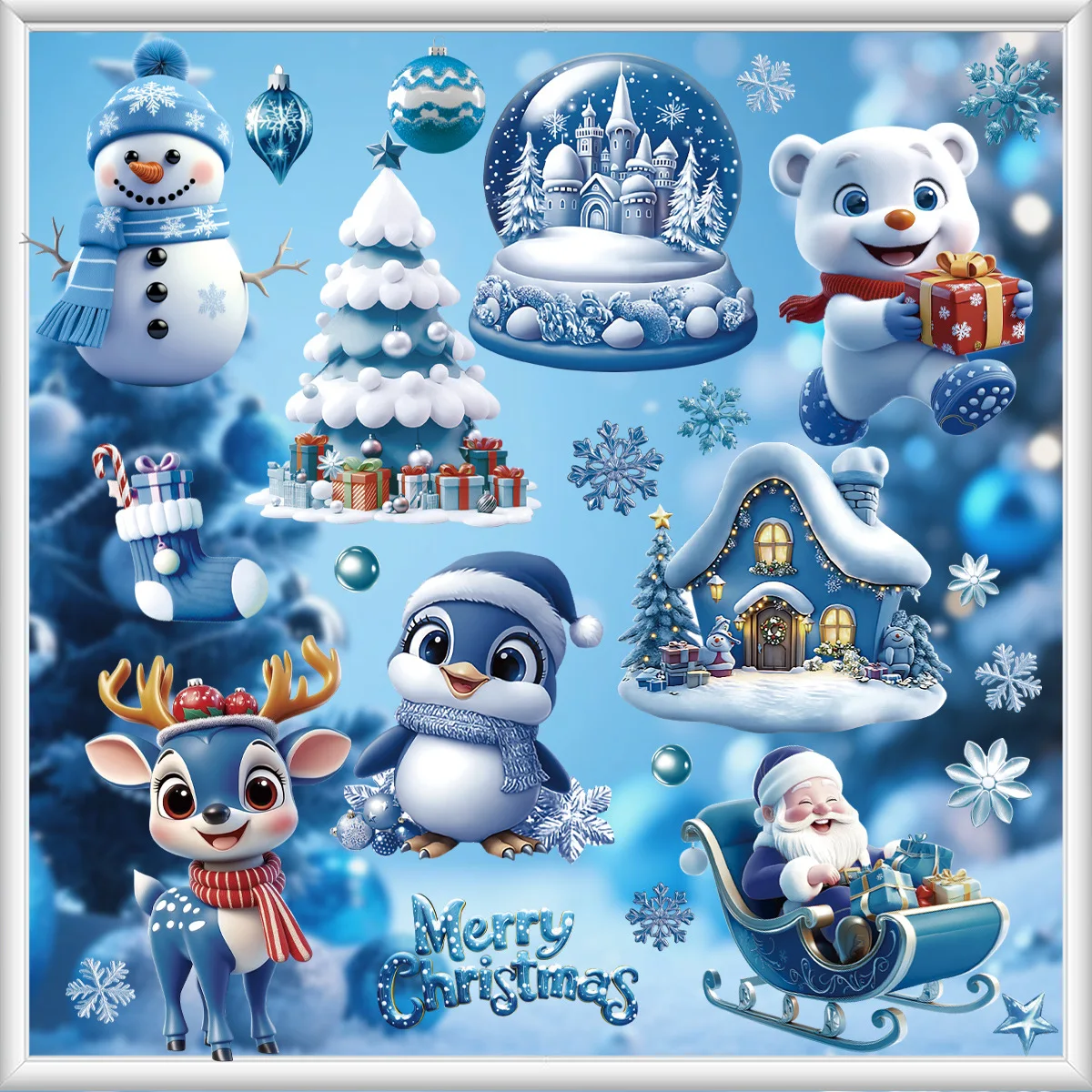 9pcs Blue 3D Cartoon Christmas Static Window Clings, Snowflake Reindeer Removable Glass Stickers for Xmas Festival Decor
