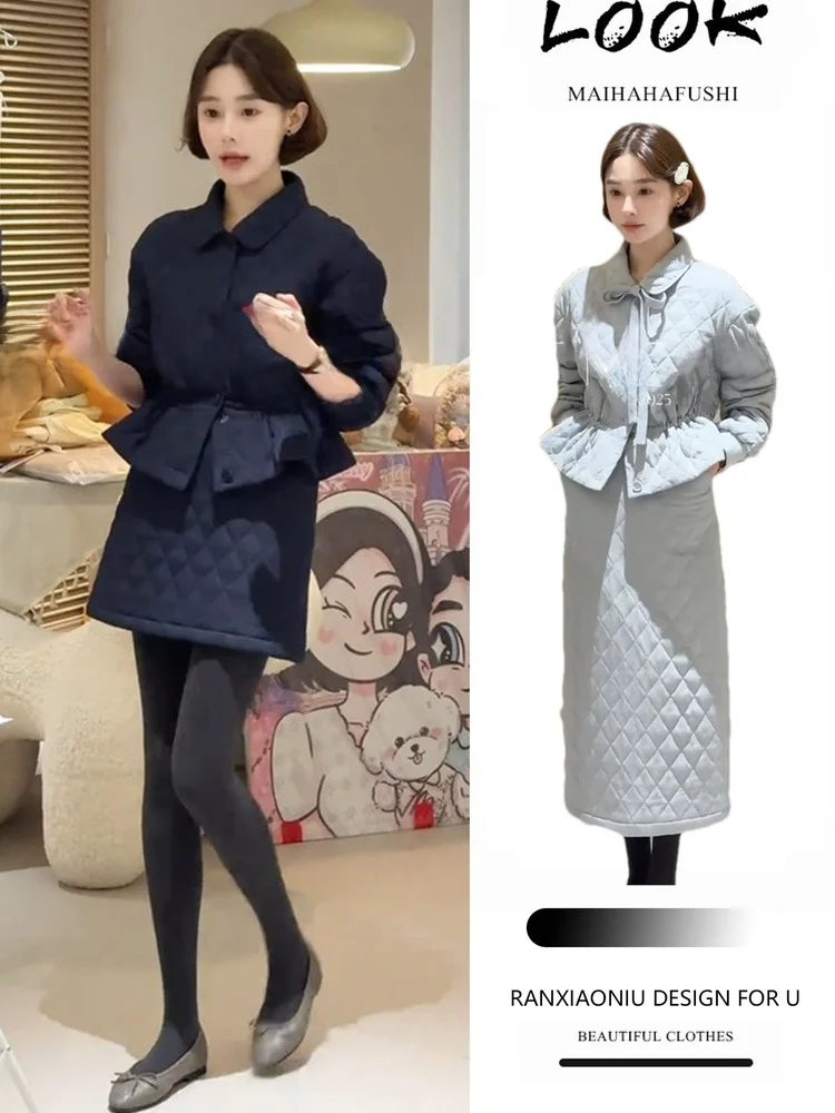 

Ele Thiened Winter Set for Women with Stand Collar Cotton Jaet And Skirt Luxury Sle Warmth Long Sve ort Coat